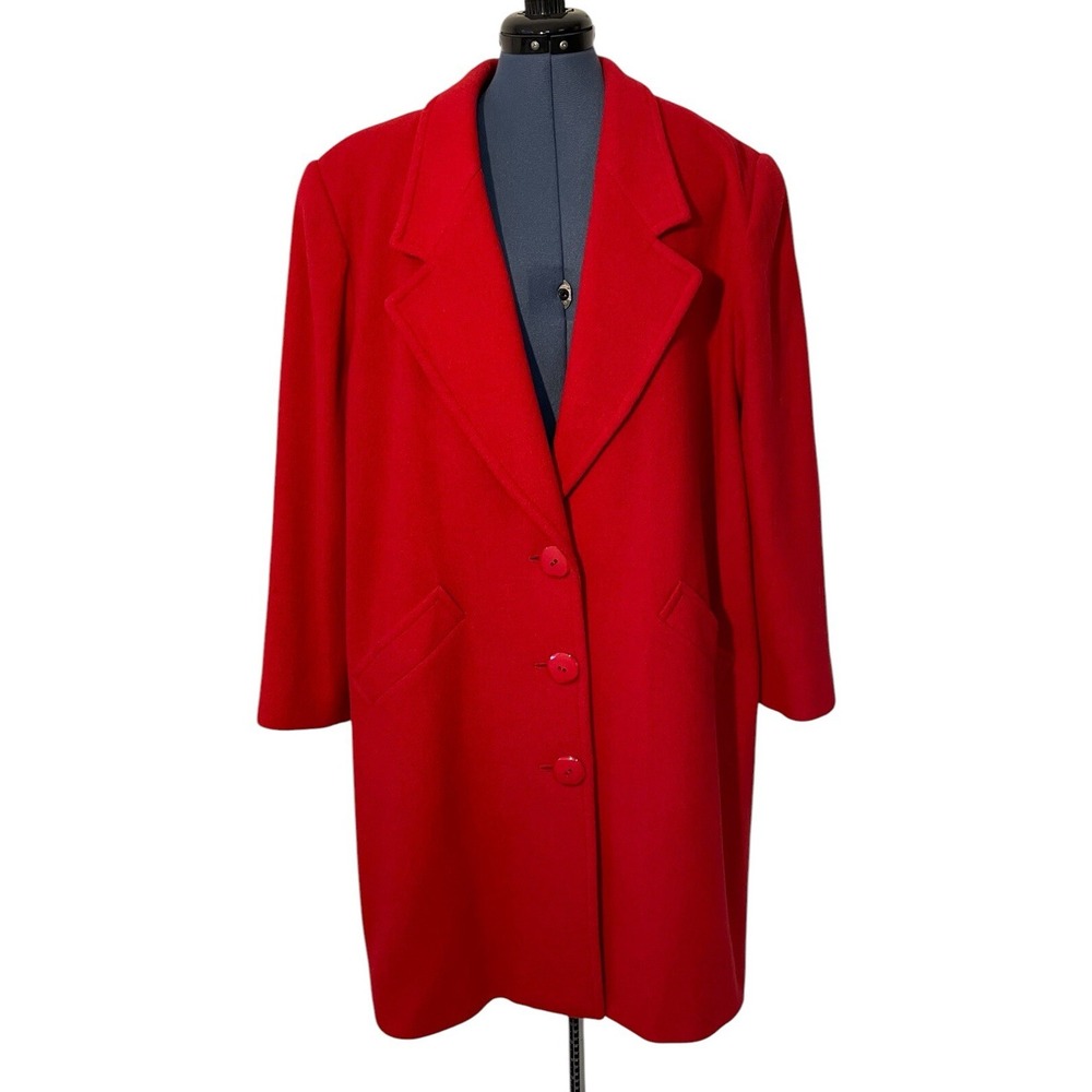 VTG Weathervane Womens Red Wool Midi Trench Coat Pleated Shoulders Luxury 80s 16